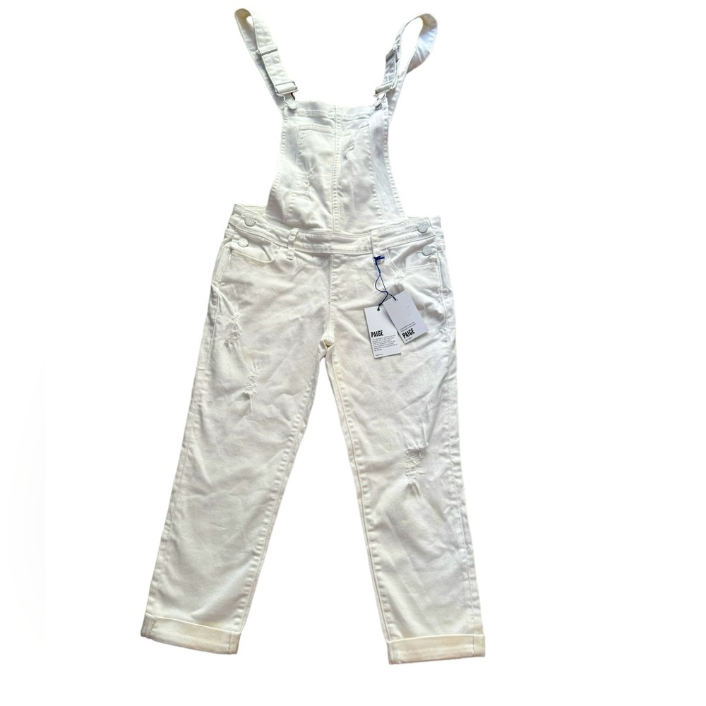 NWT PAIGE Denim Claudine White  Overall Distressed Ankle Length Overalls Sz 25